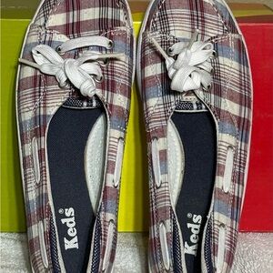 Keds Girls Plaid Canvas Slip-Ons in Red, Blue and White